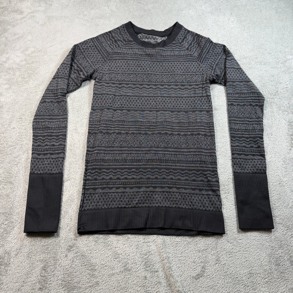 Lululemon Rest Less Pullover Women Size 2 Gray Fair Isle Knit Thumbholes